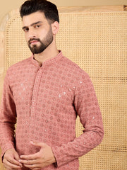 Ethnic Bay Men Rust Viscose Rayon Solid Embroidered Straight Kurta with Trouser-MKSET1055