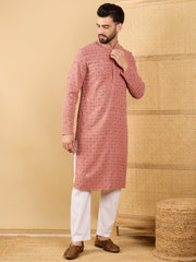 Ethnic Bay Men Rust Viscose Rayon Solid Embroidered Straight Kurta with Trouser-MKSET1055