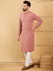 Ethnic Bay Men Rust Viscose Rayon Solid Embroidered Straight Kurta with Trouser-MKSET1055