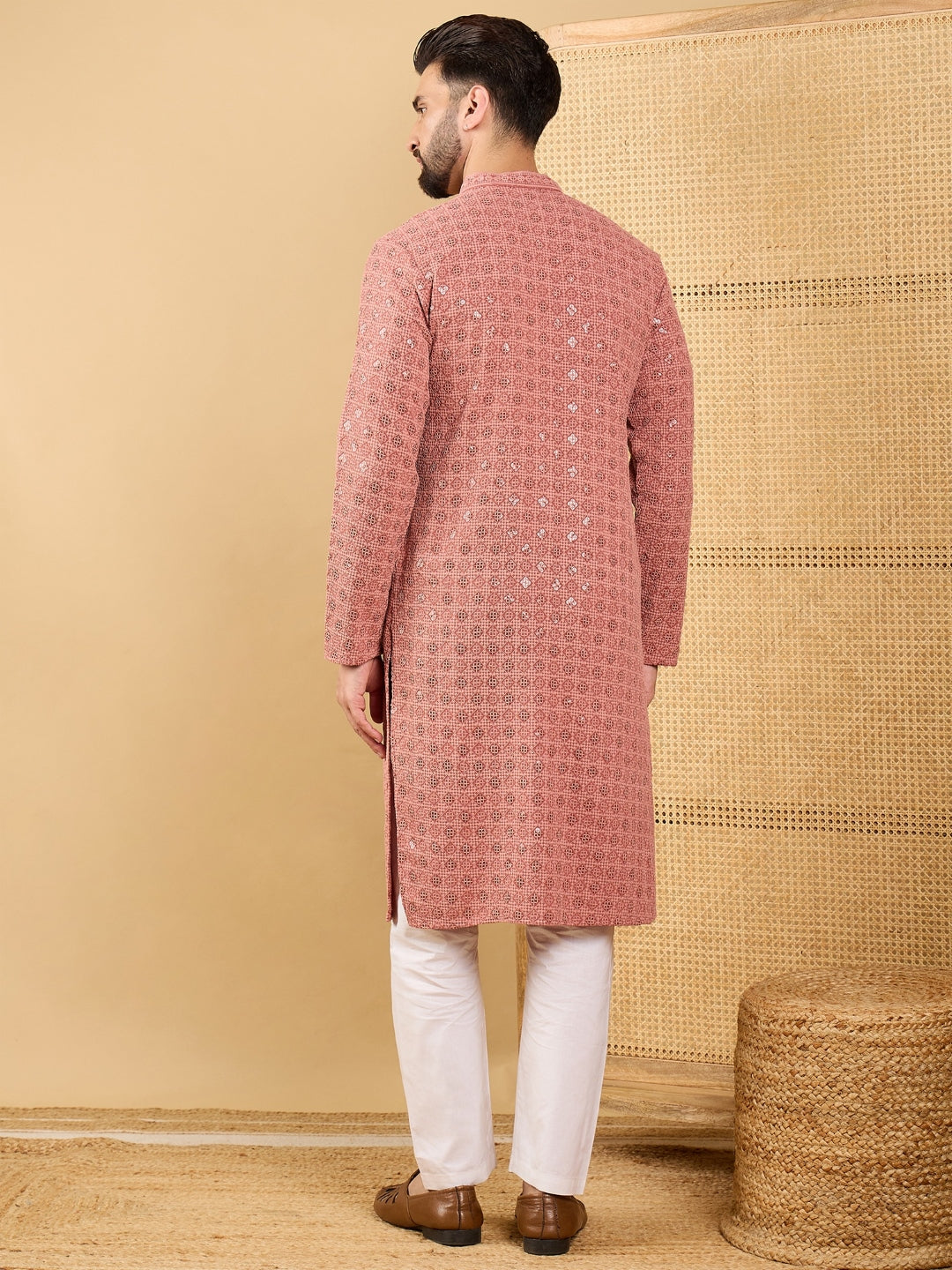 Ethnic Bay Men Rust Viscose Rayon Solid Embroidered Straight Kurta with Trouser-MKSET1055