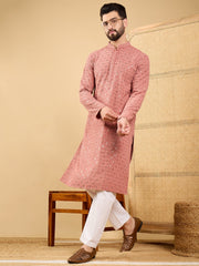 Ethnic Bay Men Rust Viscose Rayon Solid Embroidered Straight Kurta with Trouser-MKSET1055