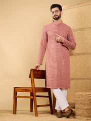 Ethnic Bay Men Rust Viscose Rayon Solid Embroidered Straight Kurta with Trouser-MKSET1055