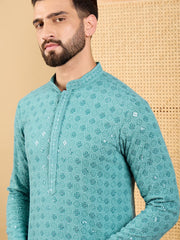 Ethnic Bay Men Blue Viscose Rayon Solid Embroidered Straight Kurta with Trouser-MKSET1056