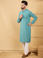 Ethnic Bay Men Blue Viscose Rayon Solid Embroidered Straight Kurta with Trouser-MKSET1056