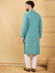 Ethnic Bay Men Blue Viscose Rayon Solid Embroidered Straight Kurta with Trouser-MKSET1056
