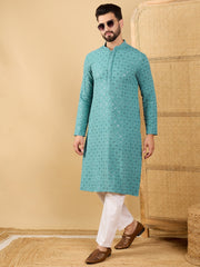 Ethnic Bay Men Blue Viscose Rayon Solid Embroidered Straight Kurta with Trouser-MKSET1056