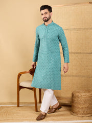 Ethnic Bay Men Blue Viscose Rayon Solid Embroidered Straight Kurta with Trouser-MKSET1056