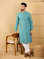 Ethnic Bay Men Blue Viscose Rayon Solid Embroidered Straight Kurta with Trouser-MKSET1056
