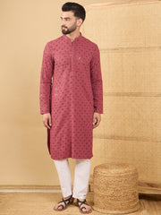 Ethnic Bay Men Red Viscose Rayon Solid Embroidered Straight Kurta with Trouser-MKSET1057