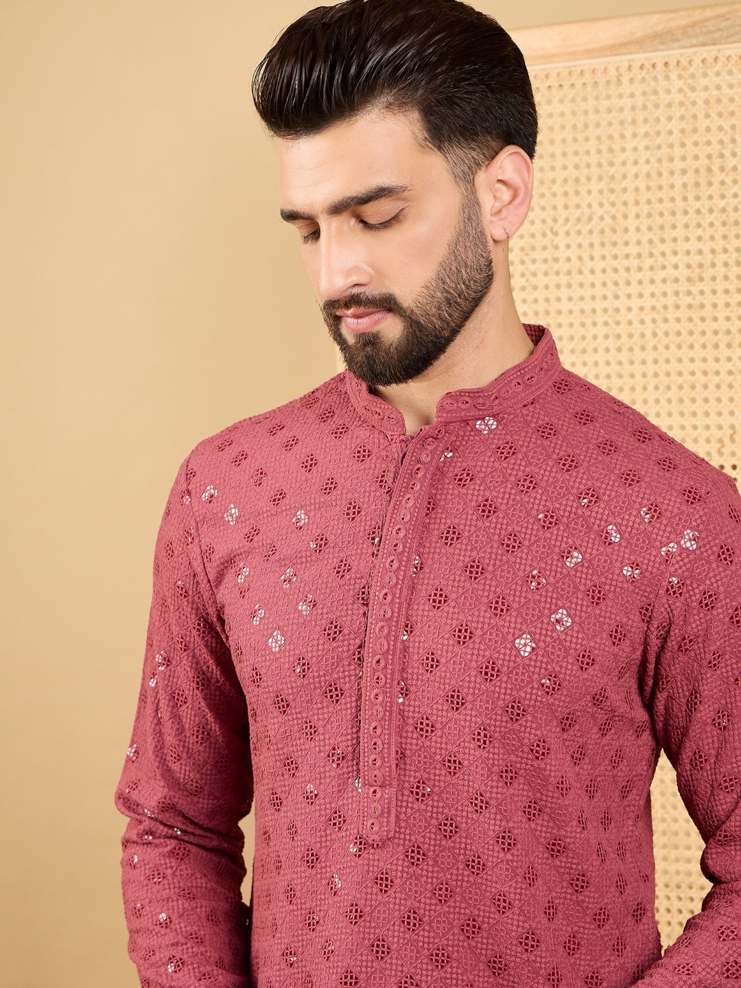 Ethnic Bay Men Red Viscose Rayon Solid Embroidered Straight Kurta with Trouser-MKSET1057