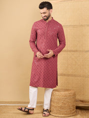 Ethnic Bay Men Red Viscose Rayon Solid Embroidered Straight Kurta with Trouser-MKSET1057