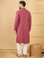 Ethnic Bay Men Red Viscose Rayon Solid Embroidered Straight Kurta with Trouser-MKSET1057