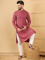 Ethnic Bay Men Red Viscose Rayon Solid Embroidered Straight Kurta with Trouser-MKSET1057