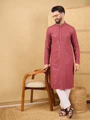 Ethnic Bay Men Red Viscose Rayon Solid Embroidered Straight Kurta with Trouser-MKSET1057