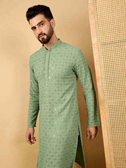 Ethnic Bay Men Green Viscose Rayon Solid Embroidered Straight Kurta with Trousers-MKSET1058 1080