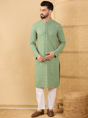 Ethnic Bay Men Green Viscose Rayon Solid Embroidered Straight Kurta with Trousers-MKSET1058