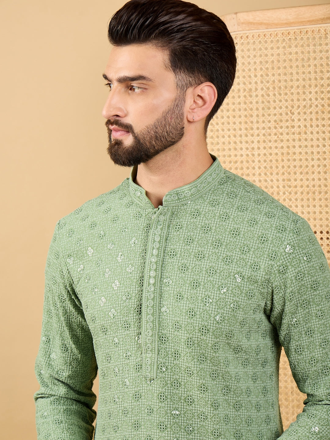 Ethnic Bay Men Green Viscose Rayon Solid Embroidered Straight Kurta with Trousers-MKSET1058