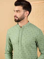 Ethnic Bay Men Green Viscose Rayon Solid Embroidered Straight Kurta with Trousers-MKSET1058