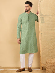 Ethnic Bay Men Green Viscose Rayon Solid Embroidered Straight Kurta with Trousers-MKSET1058