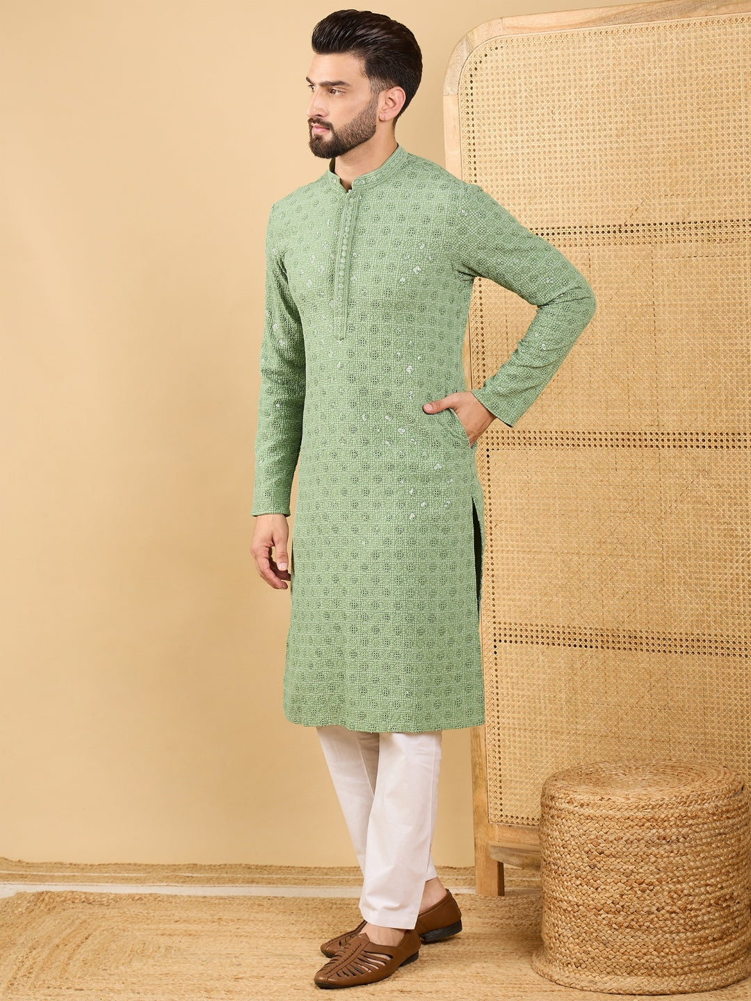 Ethnic Bay Men Green Viscose Rayon Solid Embroidered Straight Kurta with Trousers-MKSET1058