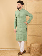 Ethnic Bay Men Green Viscose Rayon Solid Embroidered Straight Kurta with Trousers-MKSET1058