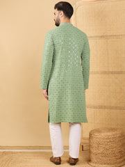 Ethnic Bay Men Green Viscose Rayon Solid Embroidered Straight Kurta with Trousers-MKSET1058