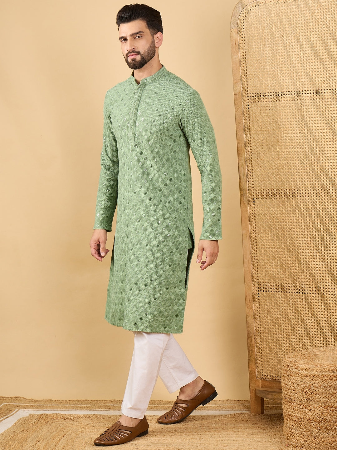 Ethnic Bay Men Green Viscose Rayon Solid Embroidered Straight Kurta with Trousers-MKSET1058