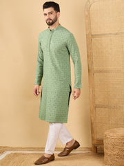 Ethnic Bay Men Green Viscose Rayon Solid Embroidered Straight Kurta with Trousers-MKSET1058