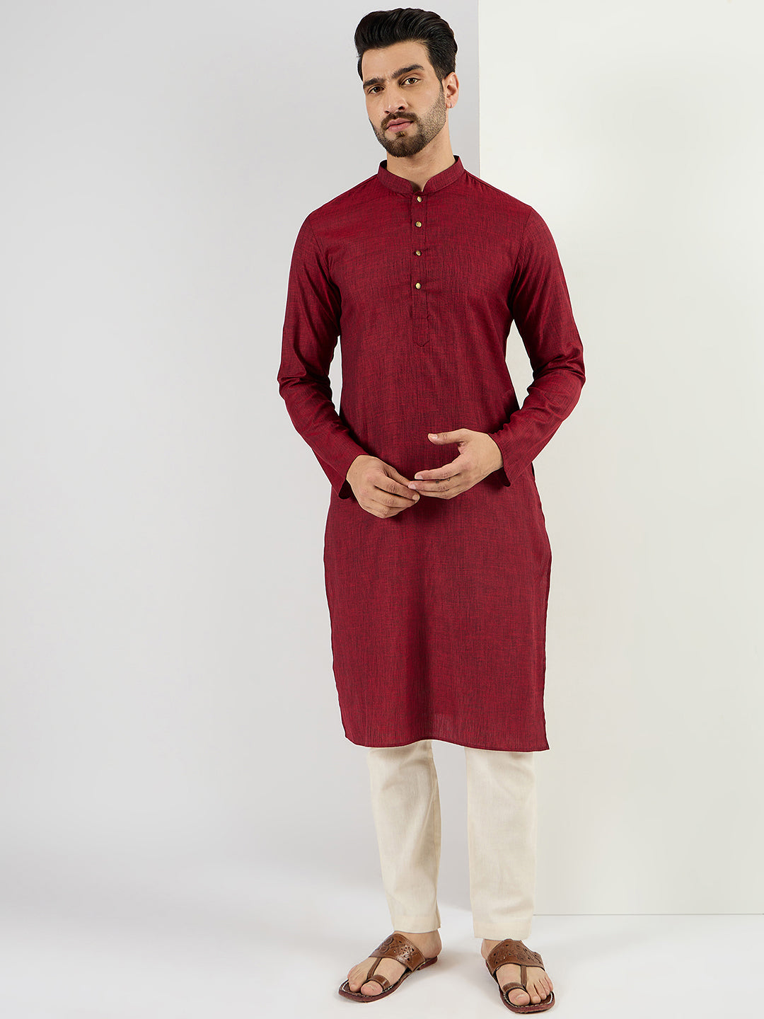 Ethnic Bay Men Maroon Pure Cotton Solid Woven Design Straight Kurta with Trousers-MKSET1096