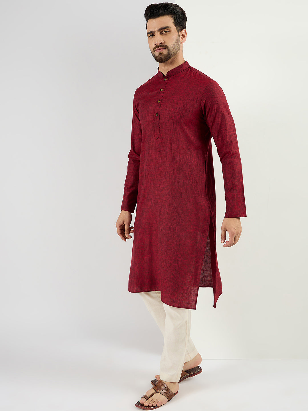 Ethnic Bay Men Maroon Pure Cotton Solid Woven Design Straight Kurta with Trousers-MKSET1096