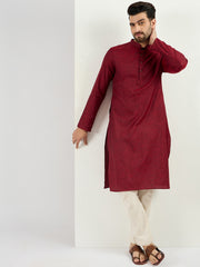 Ethnic Bay Men Maroon Pure Cotton Solid Woven Design Straight Kurta with Trousers-MKSET1096