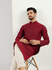 Ethnic Bay Men Maroon Pure Cotton Solid Woven Design Straight Kurta with Trousers-MKSET1096