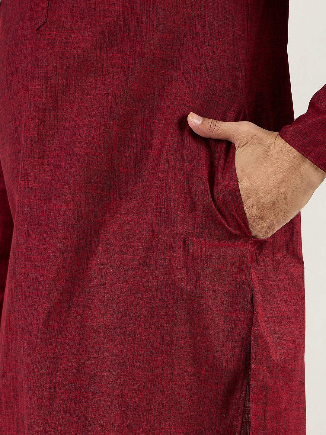 Ethnic Bay Men Maroon Pure Cotton Solid Woven Design Straight Kurta with Trousers-MKSET1096