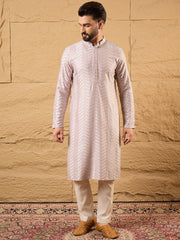 Ethnic Bay Men Lavender Viscose Rayon Solid Embroidered Straight Kurta with Trousers-MKSET1101
