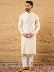 Ethnic Bay Men Off White Viscose Rayon Solid Embroidered Straight Kurta with Trousers-MKSET1102