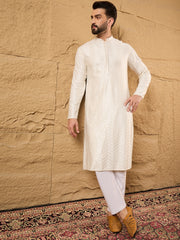 Ethnic Bay Men Off White Viscose Rayon Solid Embroidered Straight Kurta with Trousers-MKSET1102