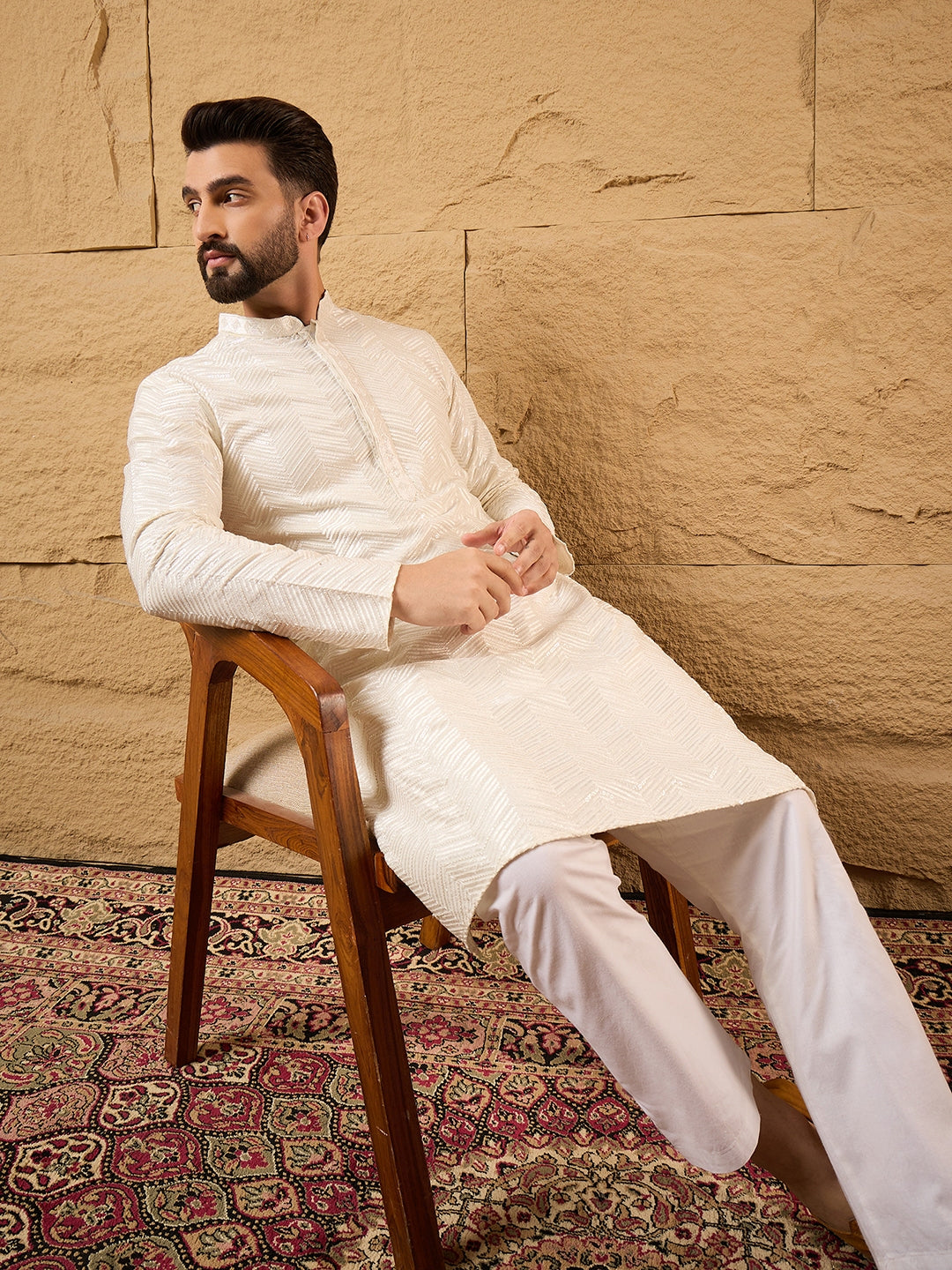 Ethnic Bay Men Off White Viscose Rayon Solid Embroidered Straight Kurta with Trousers-MKSET1102