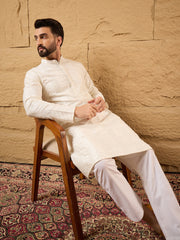 Ethnic Bay Men Off White Viscose Rayon Solid Embroidered Straight Kurta with Trousers-MKSET1102