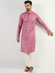 Ethnic Bay Men Pink Viscose Rayon Solid Embroidered Straight Kurta with Trouser-MKSET1103