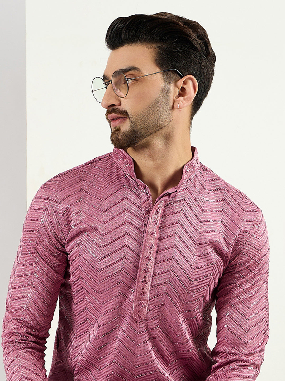 Ethnic Bay Men Pink Viscose Rayon Solid Embroidered Straight Kurta with Trouser-MKSET1103