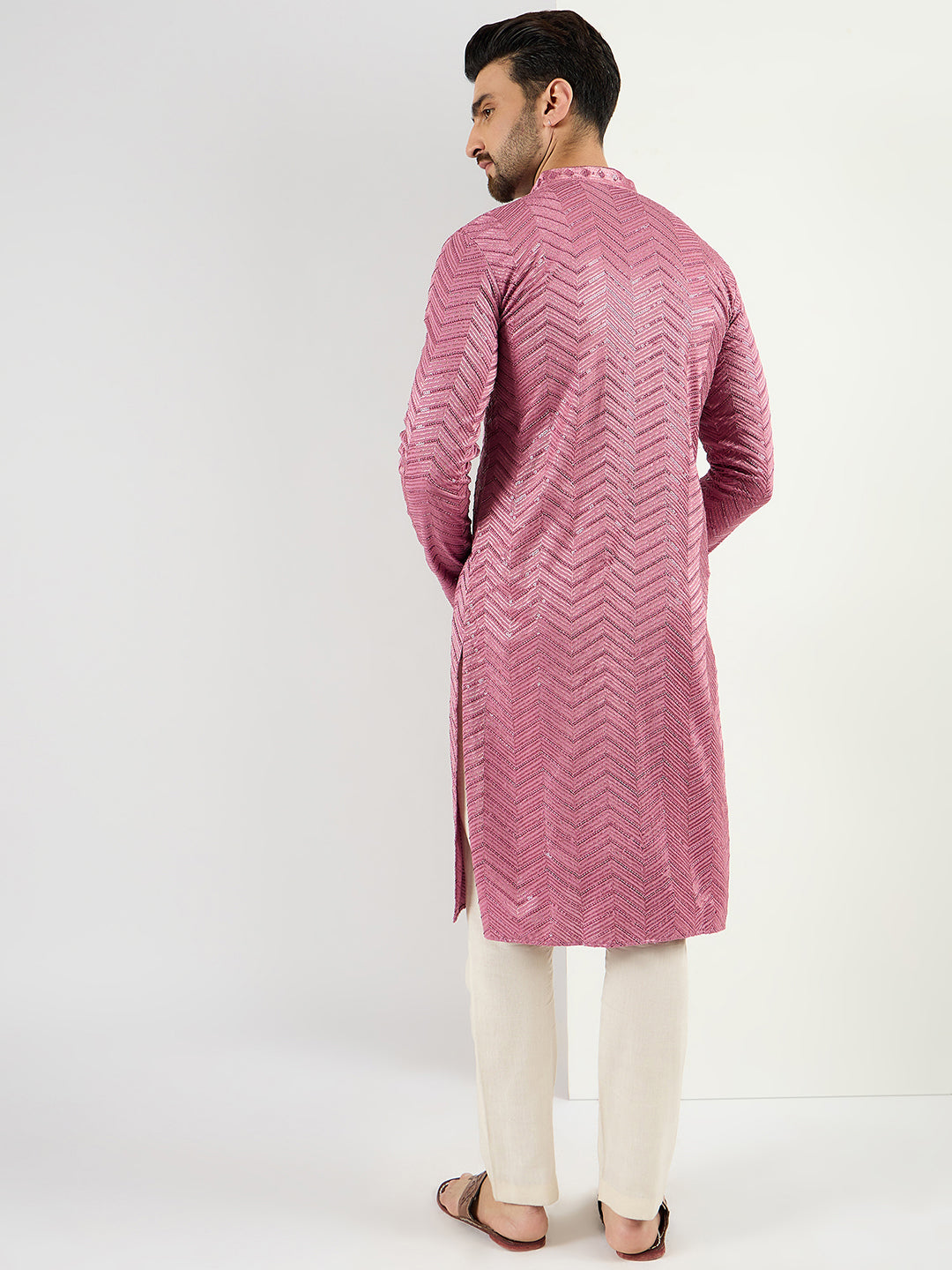 Ethnic Bay Men Pink Viscose Rayon Solid Embroidered Straight Kurta with Trouser-MKSET1103
