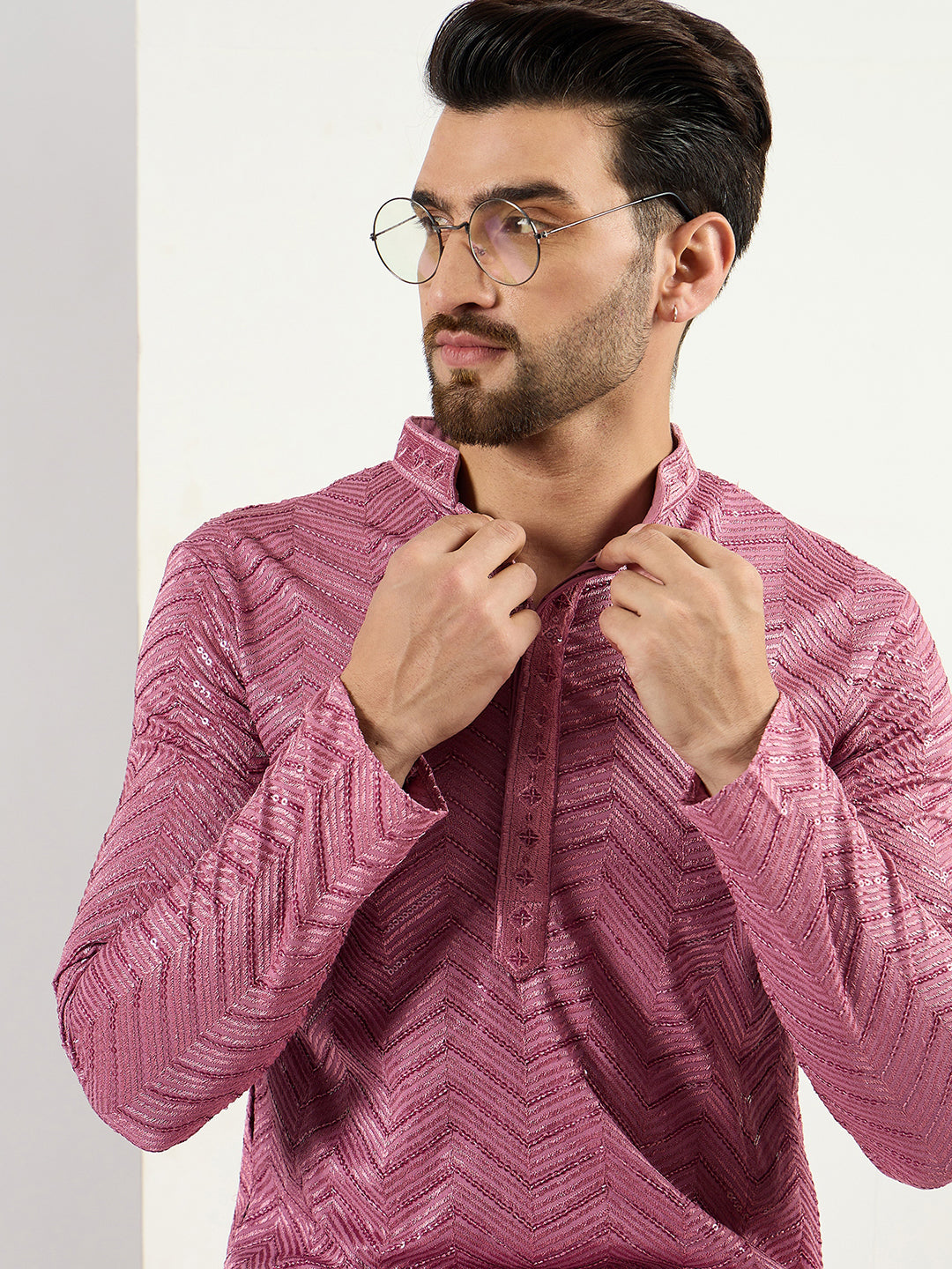 Ethnic Bay Men Pink Viscose Rayon Solid Embroidered Straight Kurta with Trouser-MKSET1103