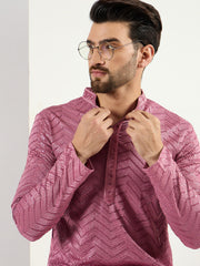 Ethnic Bay Men Pink Viscose Rayon Solid Embroidered Straight Kurta with Trouser-MKSET1103