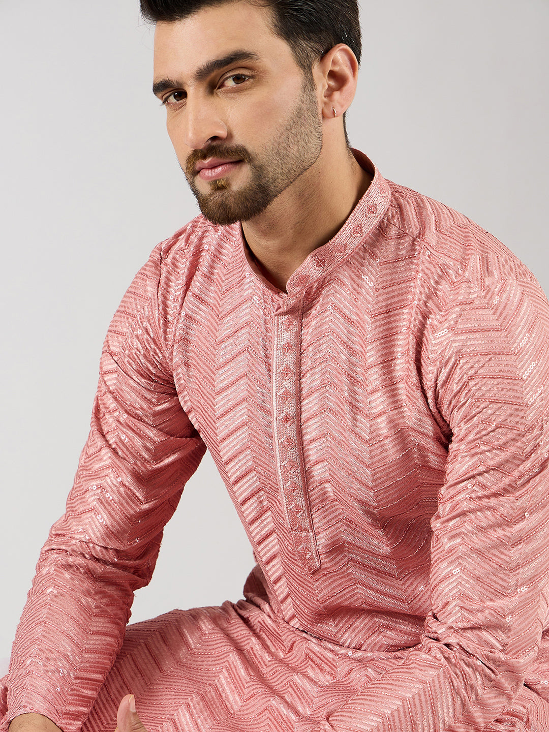 Ethnic Bay Men Peach Viscose Rayon Solid Embroidered Straight Kurta with Trousers-MKSET1104