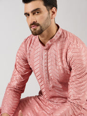 Ethnic Bay Men Peach Viscose Rayon Solid Embroidered Straight Kurta with Trousers-MKSET1104