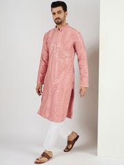 Ethnic Bay Men Peach Viscose Rayon Solid Embroidered Straight Kurta with Trousers-MKSET1104