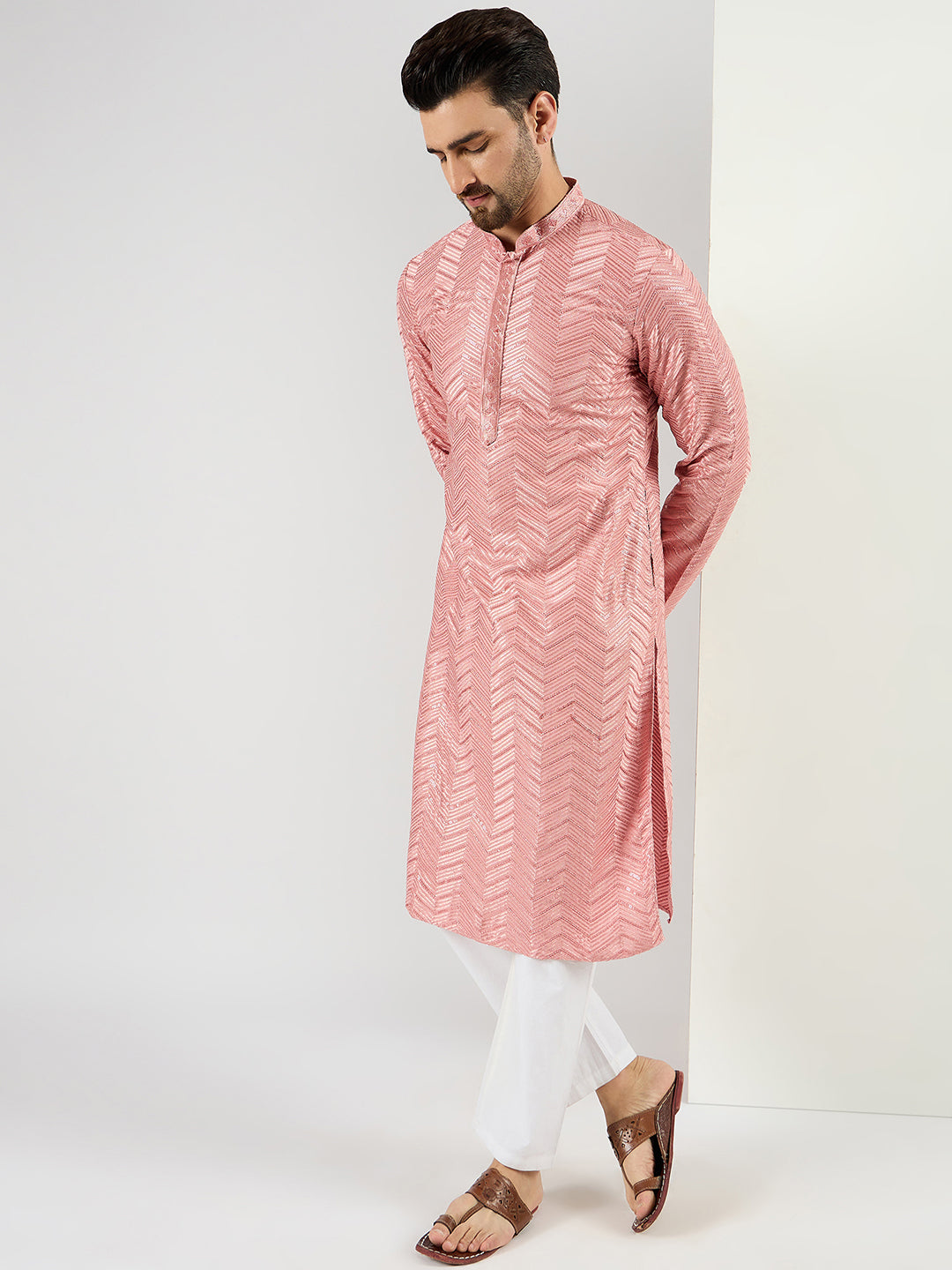 Ethnic Bay Men Peach Viscose Rayon Solid Embroidered Straight Kurta with Trousers-MKSET1104