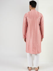 Ethnic Bay Men Peach Viscose Rayon Solid Embroidered Straight Kurta with Trousers-MKSET1104