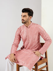 Ethnic Bay Men Peach Viscose Rayon Solid Embroidered Straight Kurta with Trousers-MKSET1104