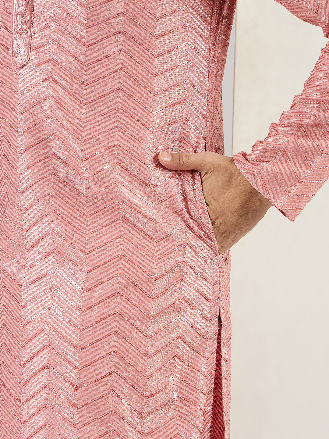 Ethnic Bay Men Peach Viscose Rayon Solid Embroidered Straight Kurta with Trousers-MKSET1104